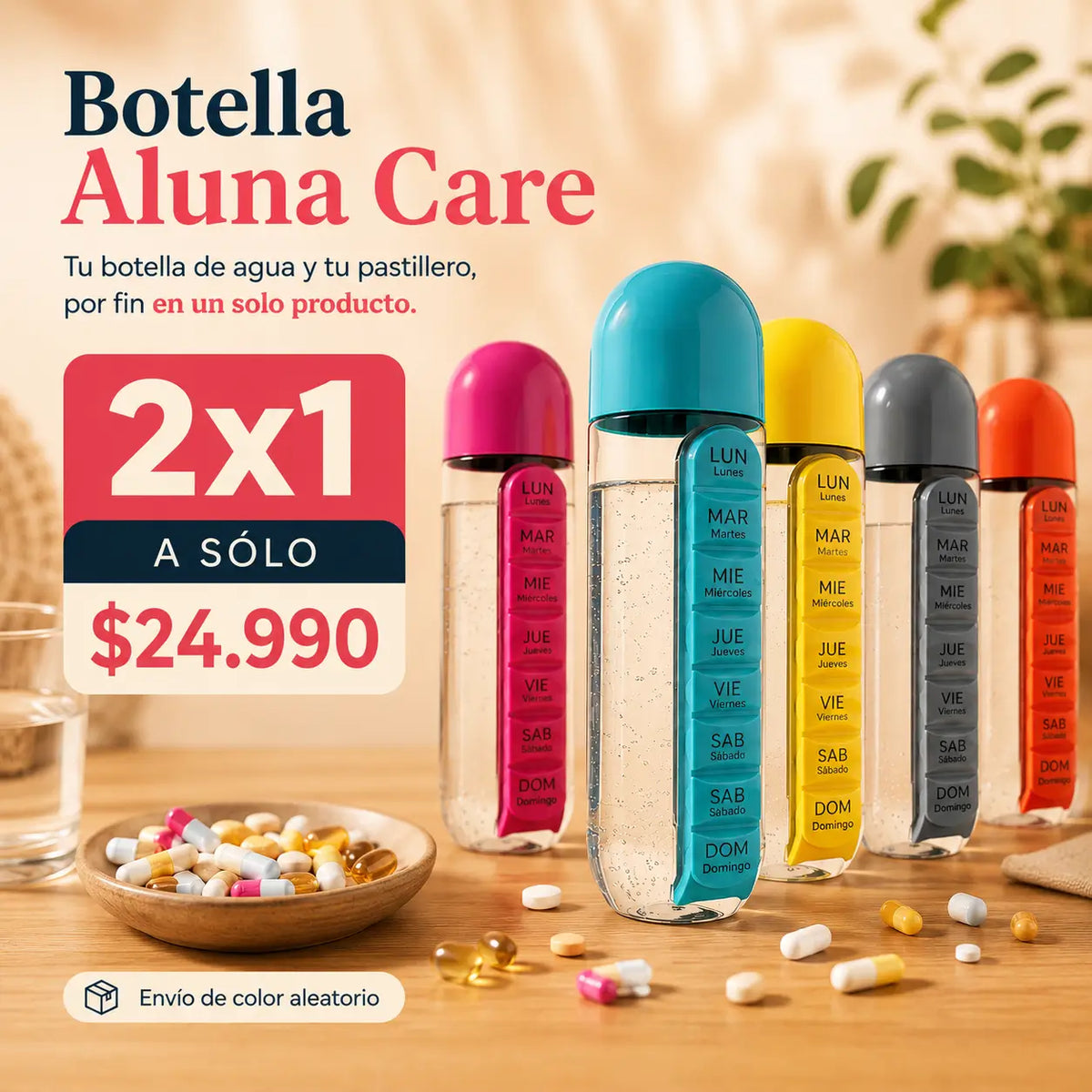 Botella con Pastillero Aluna Care 2x1