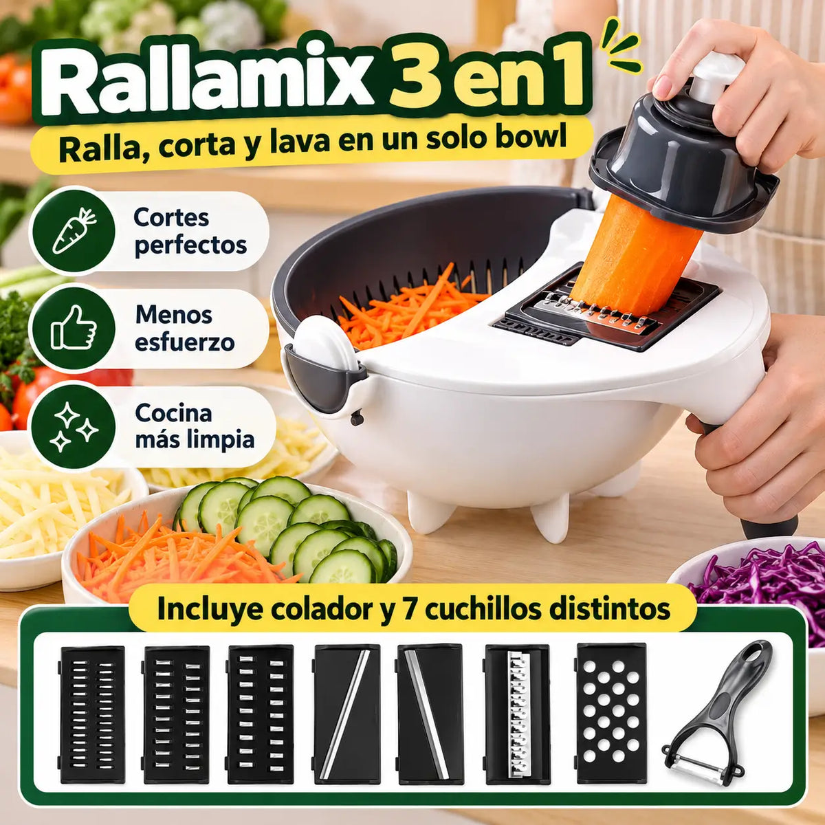 Rallamix™ Bowl Rallador de Verduras + Colador